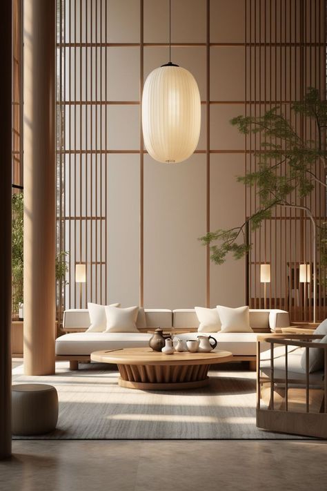 Modern Wooden Interior Design, Japanese Lounge Room, Zen Hotel Room, Japanese Inspired Furniture, Japandi Spa, Zen Hotel, Sala Zen, Ethereal Lighting, Modern Asian Decor