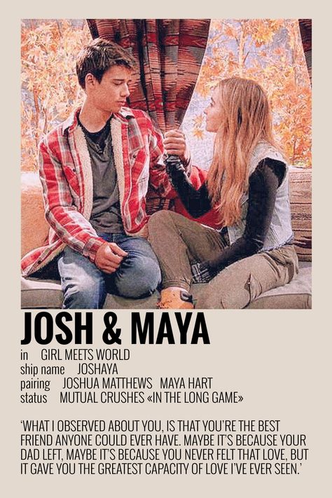 Josh Girls Meet World, Maya And Josh Girl Meets World, Movie Character Posters, Minimalist Polaroid Poster, Stranger Things Costume, Polaroid Posters, Ship Poster, Disney Channel Shows, Film Posters Minimalist