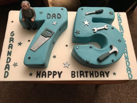 75th grandad birthday cake with fondant tools! Mens 75th Birthday Cake, 70th Birthday Cake Ideas For A Man, Birthday Cake For 75 Year Old Man, 75th Birthday Cake For Men, 70th Birthday Cake Ideas For Dad, 75th Birthday Cake Ideas, 75th Birthday Cake Man, Birthday Cake Ideas For Grandfathers, 75 Birthday Cake Men