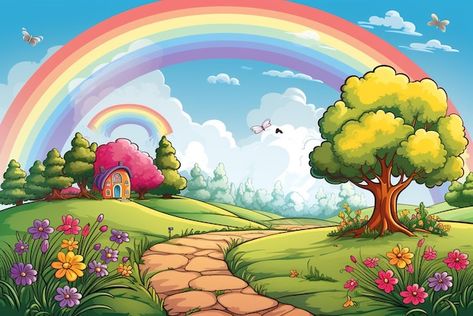 Rainbow with flowers in the yard in the ... | Premium Vector #Freepik #vector #cartoon-wallpaper #cartoon-scene #cartoon-background #cartoon-scenery Rainbow With Flowers, Cartoon Scenery, Minimalist Backgrounds, Scene Cartoon, Nature Cartoon, Hd Landscape, Cartoon Garden, Instructional Materials, About Rainbow