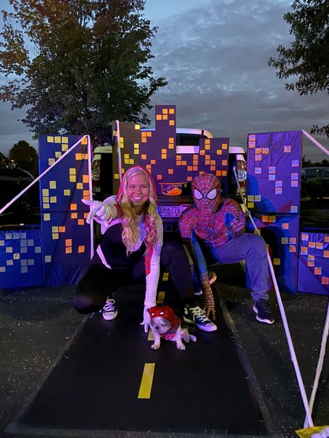 Spider-verse with lazy Spider-Man, Gwen, and “spider pup” Trunk Or Treat Spiderman, Party City Halloween, Spider Man Gwen, Time Decorations, Spider Man Theme, Trunker Treat Ideas, Spider Man Halloween, Halloween Food Decorations, Trunk Or Treat Ideas