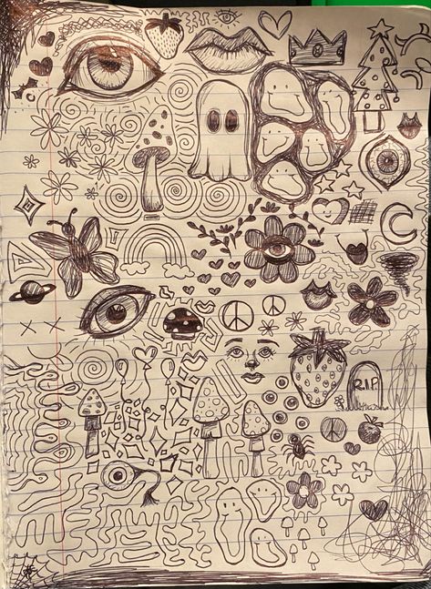 Doodle inspo <3 Aesthetic Notebook Doodles, Doodle Pages Sketchbooks Grunge, Sketchbook Page Ideas Easy, Pretty Journal Pages Doodles, Big Doodle Art, Duddle Arts, Grunge Doodles Journals, Drawing Collage Doodles, Grunge Doodles Easy