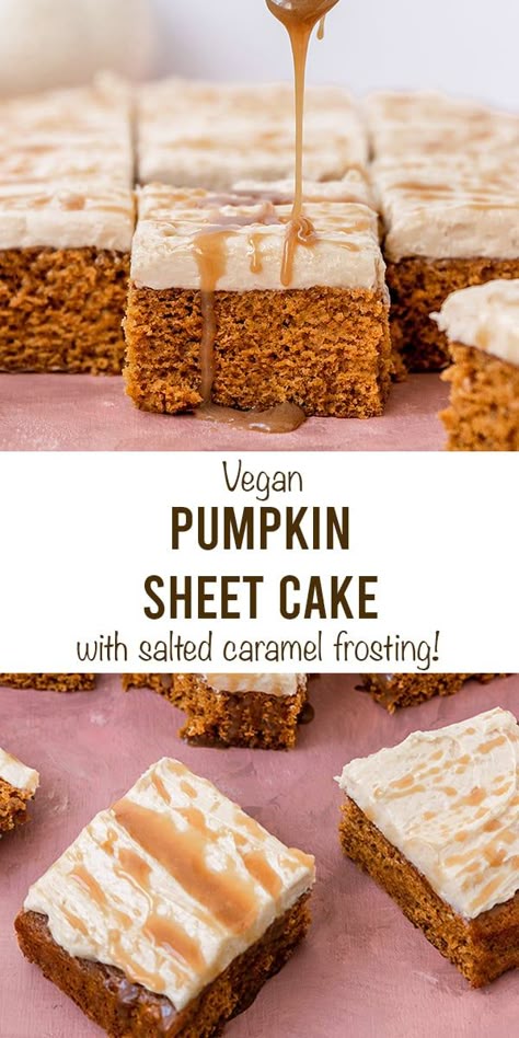 This Easy Vegan Pumpkin Cake is topped with Vegan salted caramel frosting and caramel sauce for the BEST Fall Pumpkin Cake recipe that is super moist too. Making a soft & fluffy pumpkin sheet cake from scratch couldn't be more simple with this dairy-free and egg-less recipe. #sgtoeats #veganpumpkincake #saltedcaramelfrosting #pumpkincake Dairy Free Pumpkin Cake, Fall Pumpkin Cake, Vegan Pumpkin Cake, Pumpkin Cake Recipe, Vegan Salted Caramel, Salted Caramel Frosting, Best Vegan Desserts, Pumpkin Sheet Cake, Frosting Recipes Easy