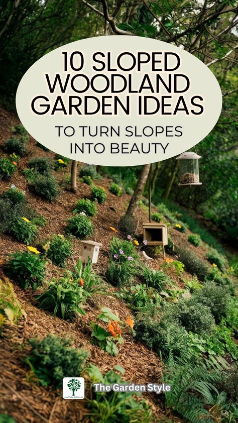 10 Sloped Woodland Garden Ideas for Creating Terraced Beauty - The Garden Style Steep Yard Ideas, Landscape In Woods, Backyard Steep Hill Ideas, Landscape Design On A Hill, Cottage Garden On A Slope, Garden On Slope Landscape Design, Slope Yard Landscaping, Sloped Woodland Garden, Mountain Yard Landscaping Ideas