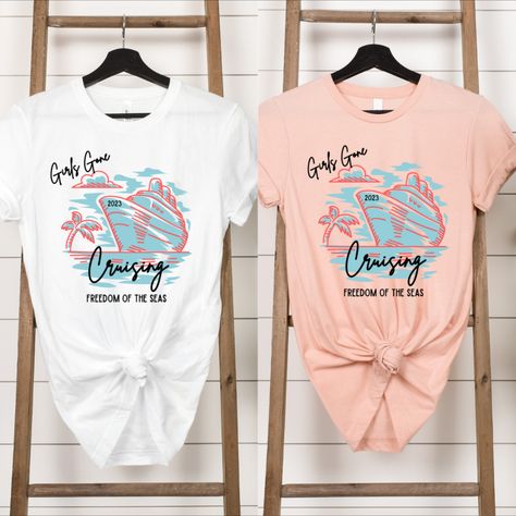 If you'll be Girls Gone Cruising soon and looking for Girls Cruise tshirts, these Girls Cruise Trip shirts are perfect! These ultra soft matching girls tshirts and girls trip cruise shirts are great for any group cruise planned with a bunch of besties! These custom cruise shirts can be personalized with the year of your trip and custom text on the bottom of the shirt (such as the cruise ship name or any tagline you desire)! Cruise Trip Shirts, Freedom Of The Seas, Ship Name, Group Cruise, Cruise Shirts, Long Tee Shirts, Cruise Trip, Cruise Planning, Trip Shirts