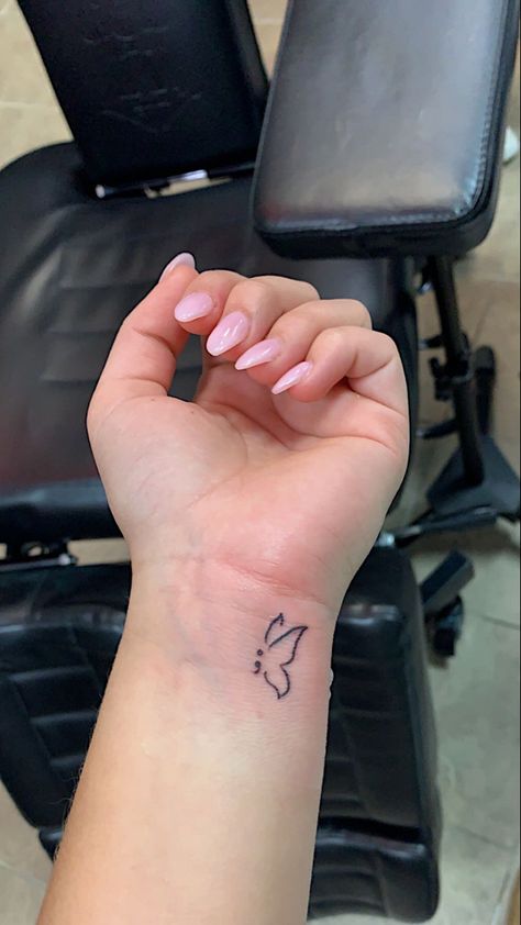 Butterfly Semicolon, Small Girly Tattoos, K Tattoo, Semicolon Tattoo, Health Tattoo, Small Pretty Tattoos, Petite Tattoos, Śliczne Tatuaże, Small Hand Tattoos