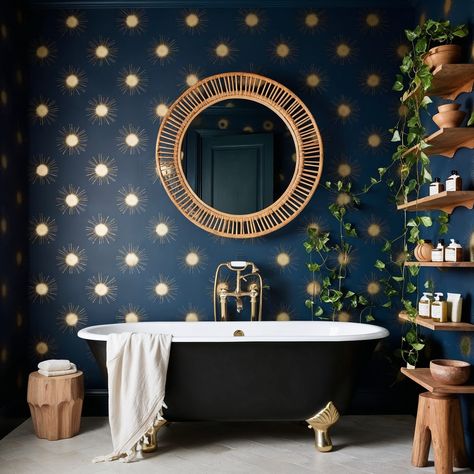 This bathroom is giving me all the celestial vibes! The deep navy walls with sunburst patterns are so bold, and that black clawfoot tub is just the perfect touch of luxury. A space that feels both moody and magical—a perfect place to unwind after a long day. #BathroomGoals #CelestialDesign #NavyAndGold #ClawfootTub #LuxuryBathroom Blue Moody Bathroom, Black Clawfoot Tub, Clawfoot Tub Bathroom, Moody Bathroom, Navy Walls, Tub Bathroom, Bathroom Goals, Clawfoot Tub, Luxury Bathroom