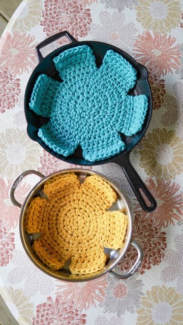 Crochet Pot Dividers, Crochet Bowl Protector, Crochet Home Essentials, Crochet Pot Protectors Free Pattern, Crochet Pan Separator, Crochet Pot Separators, Crochet Kitchen Decor, Crochet Pot Protectors, Pan Protectors Pattern Free Printable