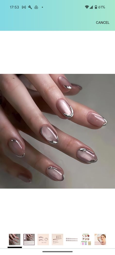 Silver French Tips, French Tips Acrylic, Oval Fake Nails, Round Nail Designs, Nails With Silver, Nails Oval, Hard Gel Nails, Eye Nail Art, Nails Glossy