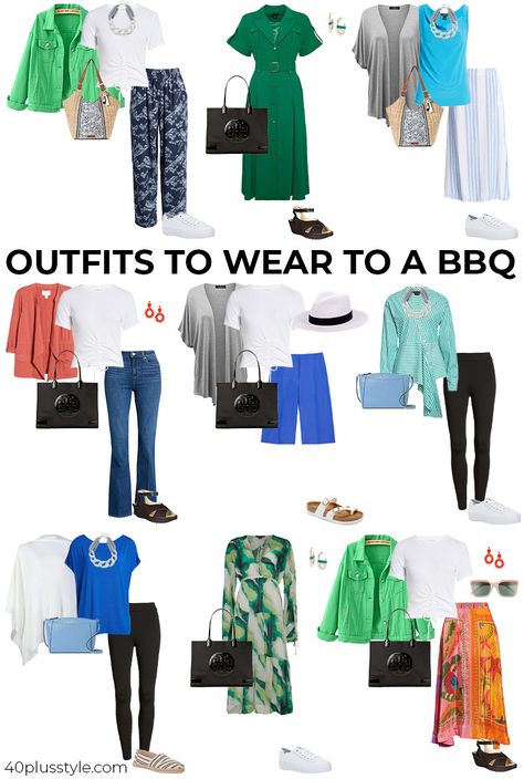 What to wear to a bbq in summer - best barbecue outfits Business Casual Bbq Outfit, Barbeque Outfits For Women Summer, Bbq Fashion Outfit, Summer Bbq Outfit 2023, Outfit For Bbq Party What To Wear, What To Wear To A Barbecue Party, Outdoor Party Outfits For Women, What To Wear To A Bbq Outfits Casual, What To Wear To An Outdoor Party