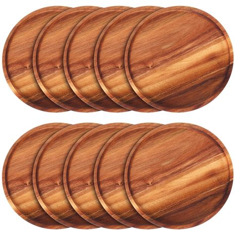 PRICES MAY VARY. Handcrafted: these solid acacia wood plates are made from several pieces of wood that are put together to better prevent warping, last longer than bamboo, plastic, glass items for long time use; Do not place in microwave or dishwasher Large Size: 12 Inch round wood plates, ideal for serving main course with side meals, appetizers dish, fruit, salad, dessert, snack, etc.; Sufficient set of 10 for family daily use or entertaining relatives and friends Easy to Clean: our wooden din Wooden Charger Plates, Wood Plate Chargers, Wooden Chargers, Wood Chargers, Wood Plates, Wooden Dishes, Appetizer Dishes, Wooden Plates, Decor Home Living Room