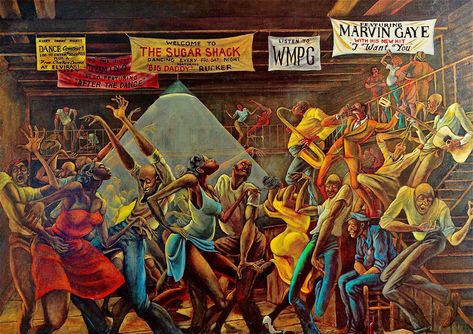 Ernie Barnes created the painting The Sugar Shack in the 1970s. It gained international exposure when it was used on the Good Times television series and on the 1976 Marvin Gaye album I Want You. Good Times Painting, Ernie Barnes, Boiler Room, Black Jesus, Sugar Shack, Jazz Art, African Art Paintings, Afrocentric Art, Black Art Painting