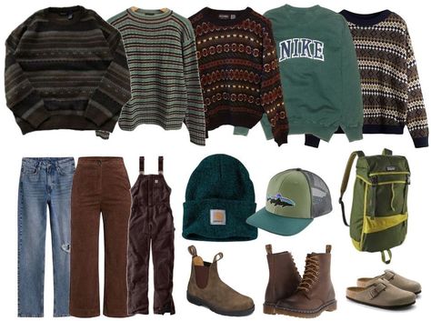 Mood board with clothing in the colors green and brown. Top of mood board has patterned grandpa sweaters and a green nike sweatshirt. Bottom of the board has jeans, brown pants and carhartt overalls. Accessories include a green carhartt beanie, a patagonia trucker hat, blundstone boots, doc martens, birkenstock boston clogs, and a green patagonia backpack. Granola Outfits, Blue Jean Outfits, Downtown Outfits, Earthy Outfits, Future Outfit, Brown And Green, Green Outfit, Swaggy Outfits, Hippie Outfits