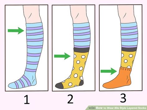 How to Wear 80s Style Layered Socks - wikiHow 80s Socks Style, Slouch Socks Outfit, Layered Socks, 80s Socks, Neon Leggings, 80’s Fashion, Slouch Socks, Side Ponytail, Sock Outfits