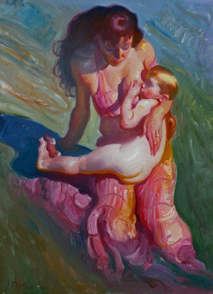 John Asaro Painting, John Asaro, Motherhood Painting, Master Paintings, Representational Art, Water Drawing, Gold Water, Modern Masters, California Art