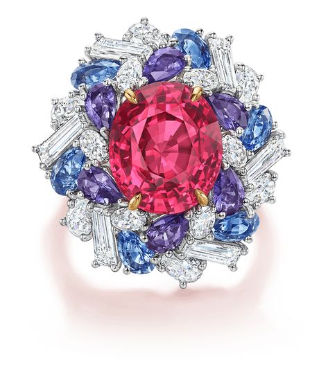 Red Spinel Ring with multi-colored Sapphires and Diamonds Tsavorite Garnet Ring, Harry Winston Jewelry, Red Spinel, Spinel Ring, Harry Winston, Vintage Jewels, Precious Gems, Gems Jewelry, Exquisite Jewelry