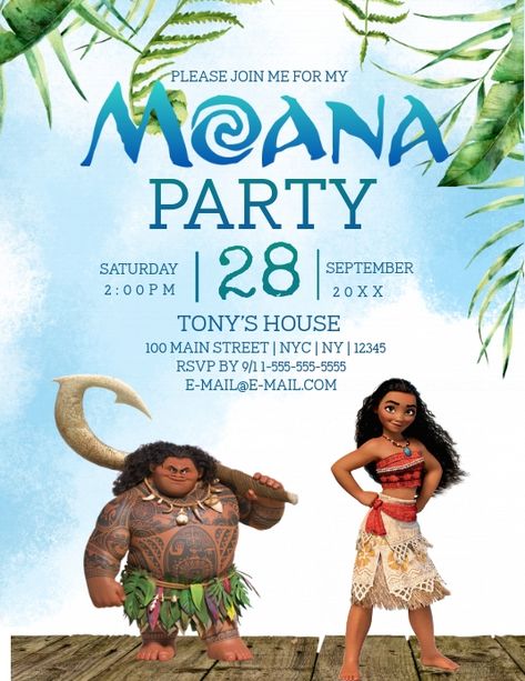 j-austin - | PosterMyWall Moana 1st Birthday, Wild And Three Birthday Party, Three Birthday Party, Tropical Party Ideas, Moana Invitation, Moana Party Ideas, Moana Birthday Invitation, Moana Theme Birthday, Mickey And The Roadster Racers