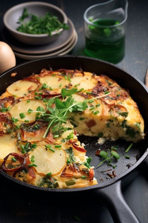 Embrace the flavors of Spain with our Whole Health Flexi-Plan Tortilla Española! Enhanced with fresh spinach and smoked paprika, this nutritious and delicious omelet is the perfect tapas dish. Enjoy it warm or at room temperature, garnished with parsley. Spanish Omelette Recipe Spain, Traditional Spanish Omelette, Spanish Egg And Potato Tortilla, Frittatas Recipe, Spanish Omelette, Hash Brown Frittata, Tapas Dishes, Spanish Dishes, Fresh Spinach