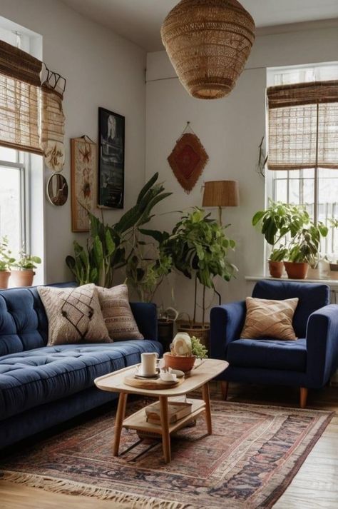 Indigo Couch Living Room, Boho Living Room Navy Couch, Vintage Blue Couch Living Room, Boho Living Room Blue Couch, Blue Boho Living Room, Blue Sofa Decor, Blue Couch Living, Blue And Green Living Room, Brown And Blue Living Room