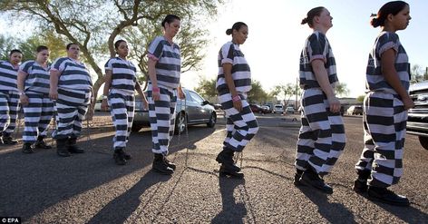 Life in chains: Members of America's only all-female chain gang march to a bus that will transport them to their worksite outside Estrella Jail in Phoenix, Arizona Chained Up, Trojan Women, Prison Ministry, Prison Inmates, Pulling Weeds, Chain Gang, Sound Off, Arizona Desert, Sprinter Van