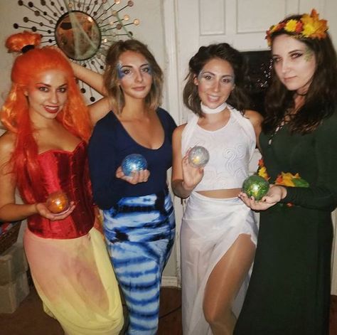 Fire, Water, Air, Earth - The Four Elements Four Elements Halloween Costume, Elements Costume, 4 People Halloween Costumes, 4 Person Halloween Costumes, Cute Group Halloween Costumes, Matching Halloween Costumes, New Halloween Costumes, Best Friend Halloween Costumes, Clever Halloween Costumes