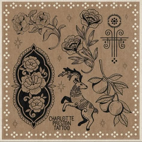 Folk Style Tattoo, Folk Tattoo Indie, Traditional Tattoo Nature, Preston Tattoo, Burning Tattoo, Folk Tattoos, Folk Art Tattoo, Folk Tattoo, Secret Tattoos