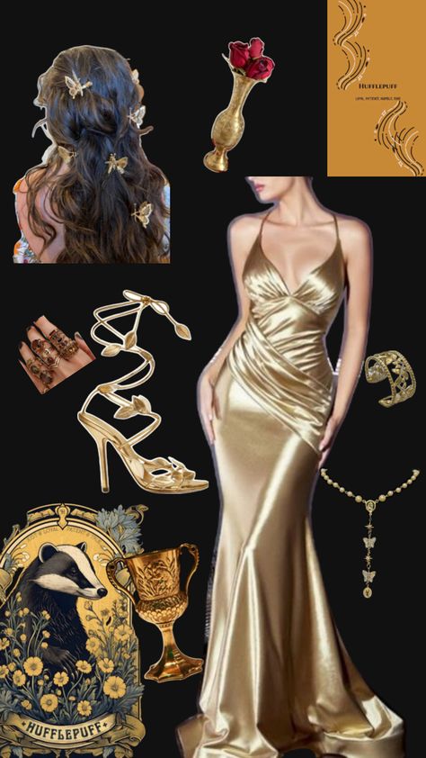 Outfit inspo for a hufflepuff going to the Yule Ball @ Hogwarts Hogwarts Yule Ball, Yule Ball Outfits, Hufflepuff Outfit, The Yule Ball, Yule Ball, Prom Looks, Yule, Hogwarts, Christmas Party