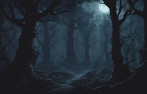 Dark Forest Background Illustration, Dark Fantasy Background Landscape, Scary Forest Art, Spooky Forest Illustration, Dark Fantasy Environment Concept Art, Spooky Forest Art, Scary Forest Background, Strahd Aesthetic, Dark Fantasy Places