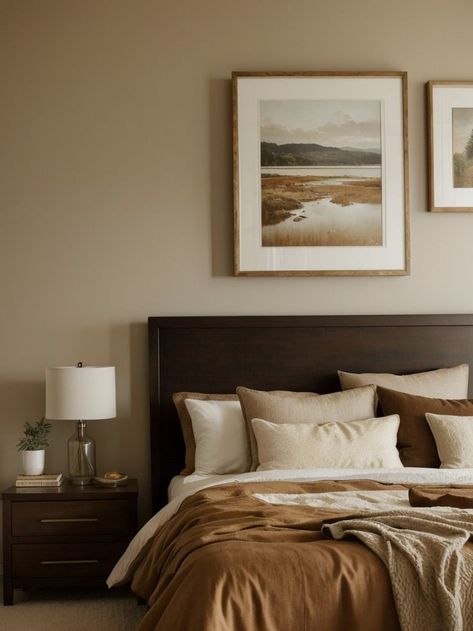 Earth Tone Bedding, Brown Bed Frame, Best Couple Pictures, Brown Bed, Wall Paint Designs, Moving House, Wall Paint, Paint Designs, Botanical Prints