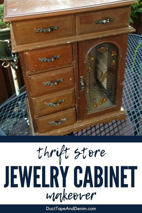 This simple thrift store project was one of my favorites. This would be a great jewelry cabinet makeover to start with -- save all those old jewelry boxes from landfills! Update them with paint, decoupage, and a few other tricks... #ducttapeanddenim #jewelrycabinet #jewelrycabinetmakeover #thriftstoremakeover #upcycled #thrifted #thriftstorefind #diyjewelrycabinet #jewelrybox #DIYjewelrybox How To Repurpose A Jewelry Armoire, Home Made Jewelry Box Ideas, Refinish Jewelry Box How To, Jewelry Armoire Repurpose, Jewelry Box Make Over, Painted Jewelry Cabinet, Jewelry Organization Ideas Diy, Repainted Jewelry Boxes, Jewelry Box Redo Diy