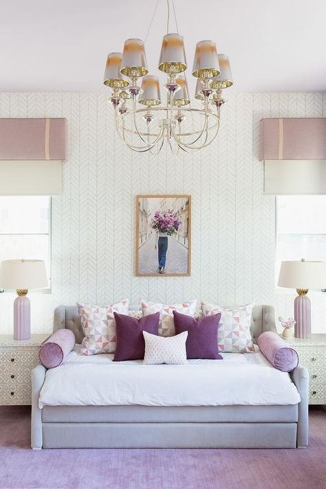 Girls Daybed Room, Purple Wall Paint, Girls Bedroom Grey, Bone Inlay Nightstand, Purple Girls Bedroom, Daybed Room, White Sheepskin Rug, Girls Room Design, Transitional Dining Room