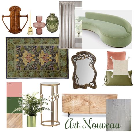 View this Interior Design Mood Board and more designs by candice.klein on Style Sourcebook Art Nouveau Inspired Interior, Ornate Interior Design, Art Nouveau Home Interior Design, Art Nouveau Decor Interior Design, Art Nuevo Interior, Art Nouveau Interior Bedroom, Art Nouveau Mood Board, Decorating Mood Board, 1910 Interior Design