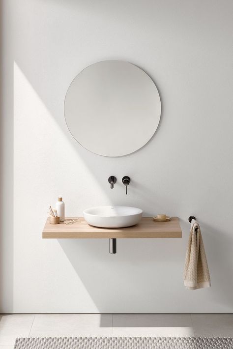 Japandi Bathroom, Ikea 2015, Desain Pantry, Wall Mount Faucet Bathroom, Bad Inspiration, Faucet Design, Interior Minimalista, Minimalism Interior, Minimalist Bathroom