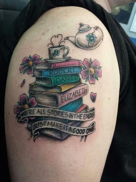 Want a Name Tattoo? 80 of the Best Designs for Men and Women We’re All Stories In The End Tattoo, Tea Tattoos, Tattoo Doctor, Teapot Tattoo, Reading Tattoo, Books Tattoo, Tea Tattoo, Kid Name Tattoo, Bookish Tattoos