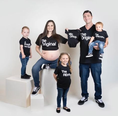 The Original The Remix The Encore® matching family set shown with tri-blend black shirts. These amazingly soft tees are perfect for family vacations, family photo shoots, baby shower gifts, adoption celebration, and the cutest most unique pregnancy and birth announcements!  WHEN WILL MY ORDER SHIP?: * Our processing time is 7-10 business days, unless stated otherwise in the listing. This is time allotted to process before shipping. Choosing priority or overnight options DOES NOT rush order for n Matching Hospital Outfits For Family, Family Get Together Outfit, Black Outfit Family Photoshoot, Family Baby Announcement, Adoption Celebration, Matching Family T Shirts, T Shirts Cute, Matching Clothing, Hospital Outfit