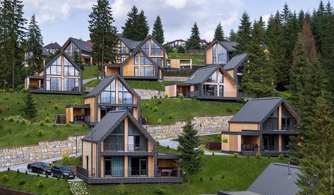 Mountain Resort Design, Cottage Town, Resort Design Plan, Mountain Villa, Resort Architecture, Prefab Cabins, Modern Barn House, Resort Design, Hotel Architecture