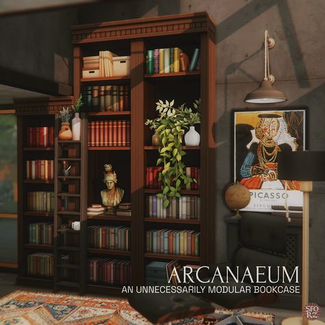 sforz makes cc Cc Furniture Sims 4, Cc Folder Sims 4, College Of Winterhold, Dark Academia Office, Cc Finds Sims 4, Custom Content Sims 4, Modular Bookcase, Sims 4 Build Cc, Sims 4 Cheats