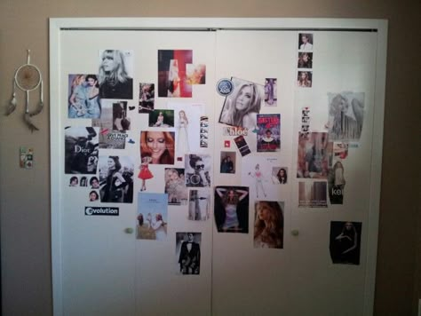 Closet door collage Posters On Closet Door, Decorate Closet Doors, Closet Door Decor, Door Collage, Closet Idea, Bedroom Closet Doors, Door Poster, Closet Decor, Sliding Closet Doors