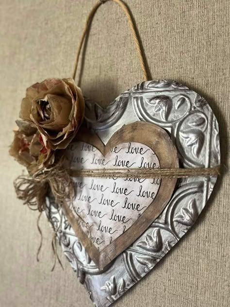 Tin Hearts Diy, Valentine Crafts With Heart Dollies, Mixed Media Hearts, Heart Assemblage Art, Mixed Media Valentine Art, Valentine Wood Crafts, Vintage Valentine Crafts, Shabby Chic Hearts, Valentine Centerpieces