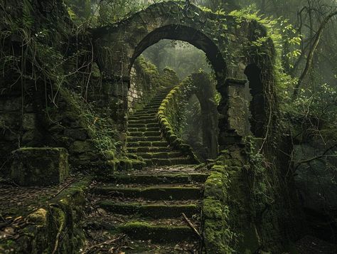 Forest Temple Aesthetic, Dark Ruins Aesthetic, Ruins In The Forest, Medieval Forest Aesthetic, Forest Civilization, Mossy Castle, Forest Labyrinth, Deep Forest Aesthetic, Forest Cathedral