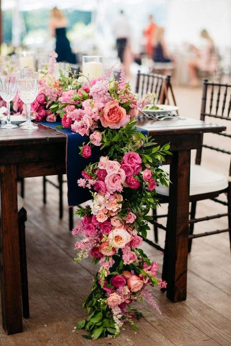 Floral Decoration Ideas, Sweetheart Table Garland, Peonies Wedding Table, Midcoast Maine, Wedding Flowers Peonies, Table Garland, Hot Pink Weddings, Cascading Flowers, Coastal Maine