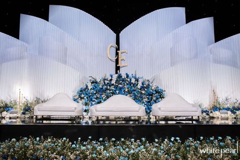 The Ritz-Carlton Jakarta, Pacific Place 2022.03.05 by White Pearl Decoration - 010 Reception Stage Decor Blue, Wedding Stage Design Indoor, Dekor Pelaminan, Engagement Stage, Engagement Stage Decoration, Venue Design, Reception Stage Decor, Pacific Place, Wedding Stage Decor