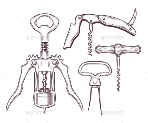 Wine Key Tattoo, Cork Drawing, Wine Cork Illustration, Corkscrew Tattoo, Corkscrew Illustration, Vector Symbols, Jean Jean, Vintage Corkscrews, Wine Corkscrew