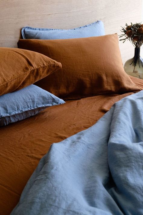 Colorful Linen Bedding, Orange And Blue Bedding, Light Blue And Rust Bedroom, Blue And Orange Bedding, Brown And Blue Bedding, Two Tone Bedding, Rust And Blue Bedroom, Orange Blue Bedroom, Bedding Color Combo Ideas