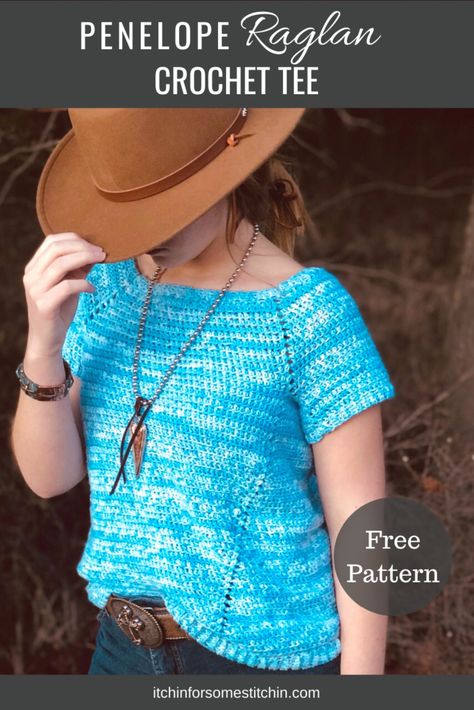 Crochet Raglan Top Free Pattern - Itchin' for some Stitchin' Crochet Raglan Top, Raglan Top Pattern, Cute Crochet Tops, Raglan Crochet, Crochet Blouse Free Pattern, Crochet Tee, Crochet Jumper, Crochet Sweater Pattern Free, Spring Pattern