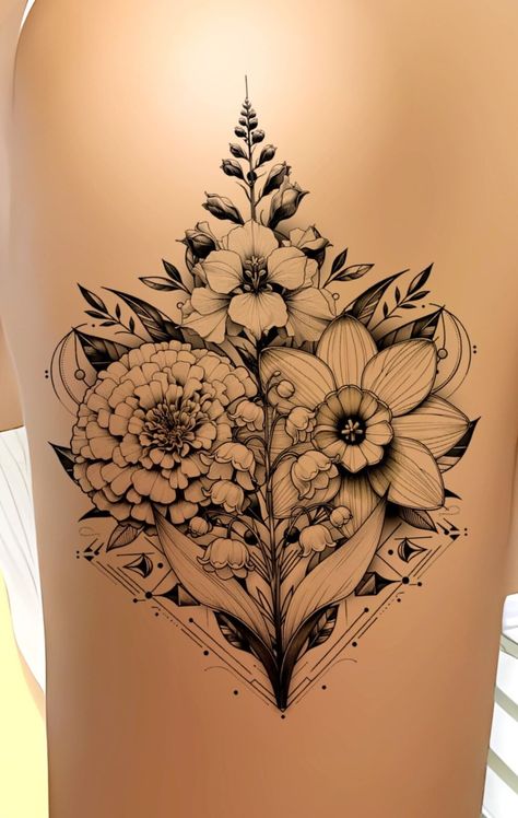 Marigold, jonquil, Larkspur & Lily of the Valley Birth Flower Tattoo - Birth Flower Tattoo,  on ArtStation at https://www.artstation.com/artwork/elKby6 Rose And Marigold Tattoo, Jonquil Tattoo, Jonquil Flower Tattoo, Heart And Flowers Tattoo, Layla Tattoo, Marigold Tattoos, Colors And Meanings, Thigh Piece Tattoos, Marigold Tattoo