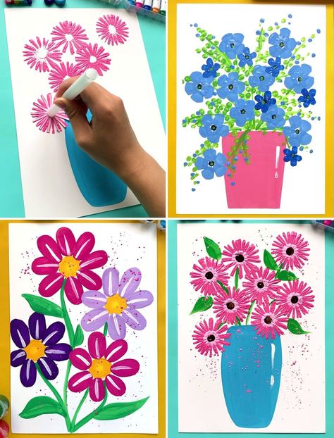 Smart Flower Painting Hacks for Kids | art, floral design | Cool Flower Painting Hacks and Art Ideas for Beginners! | By Activities For Kids | Facebook | Hello everyone, so here we are making a flower bouquet. For that first we are making the body of the flower pot with blue colour and then we are making flower designs by using this brush. Here we are using pink colour. You can use any colour you want and then we are detailing it with black and light pink colour and then we are growing the stems Preschool Canvas Art Ideas, Flower Art For Preschool, Flower Painting For Kids, Flower Art Projects For Kids, Flower Art For Kids, Cute Scenery, Flower Painting Images, Art Ideas For Beginners, Painting Hacks