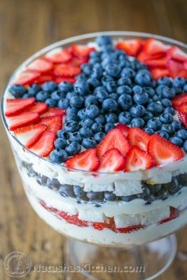 No-Bake Berry Trifle, Strawberry Blueberry Trifle, 4th of July Cake Blueberry Trifle Recipe, Blueberry Trifle, 4th July Food, Patriotic Cake, Berry Trifle, 4th Of July Cake, Patriotic Desserts, Patriotic Food, July Desserts