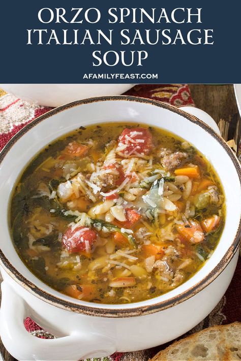 Orzo Spinach Italian Sausage Soup Sausage Orzo, Orzo Spinach, Orzo Soup Recipes, Italian Sausage Soup, Orzo Soup, Spinach Soup, Italian Soup, Sausage Soup, Delicious Soup Recipes