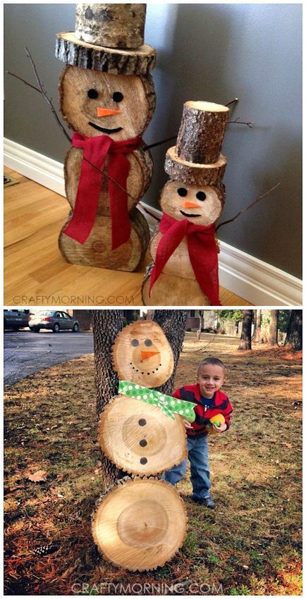 Wood Log Snowmen Decorations for Christmas and winter time! #winterdecorations #winter #wooddecorations #christmas #christmasdecorations Log Snowmen Diy Wood Slices, Log Snowman Diy Wood Slices, Log Slices Ideas, Log Snowmen, Log Snowman, Snowmen Decorations, Wood Log Crafts, Log Projects, Crafty Morning